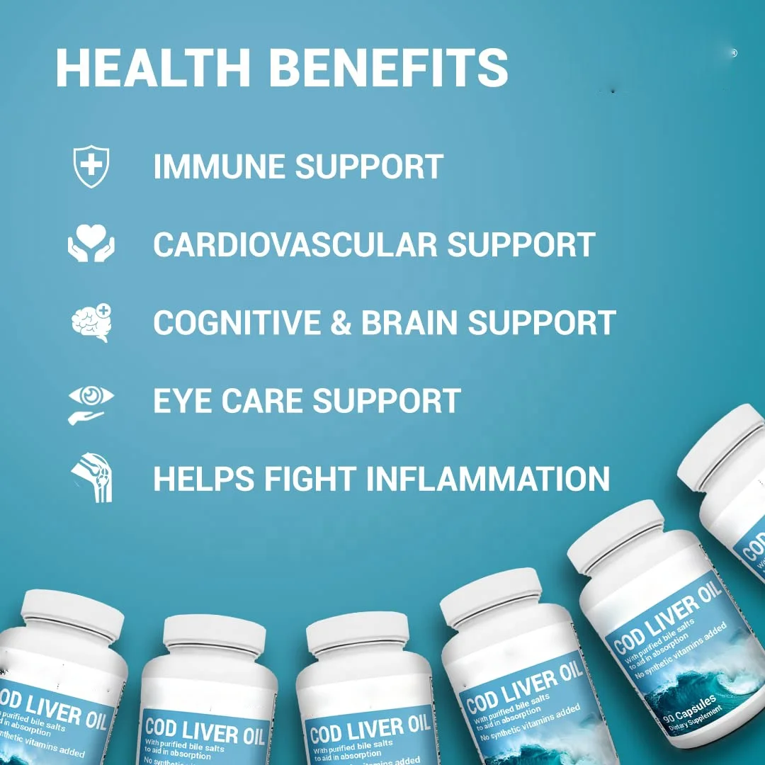 Natural Fish Oils Supplements Cod Liver Oil capsule Vitamins A & D Promoting DHA & EPA