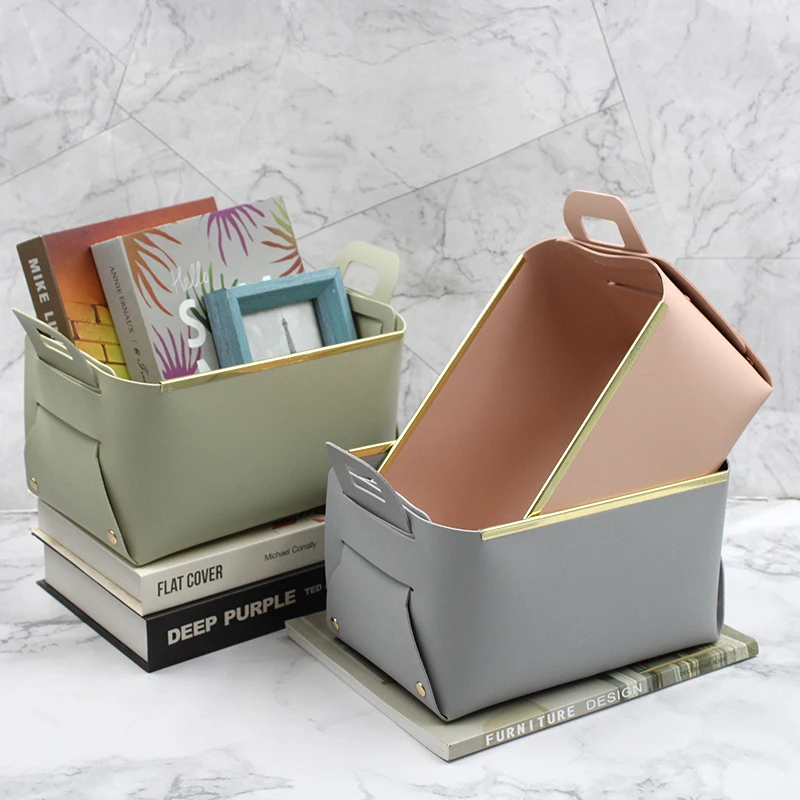 Wholesale New Design PU Leather Home Organizer Foldable Desktop Basket Cosmetics Bag with Handle Decoration