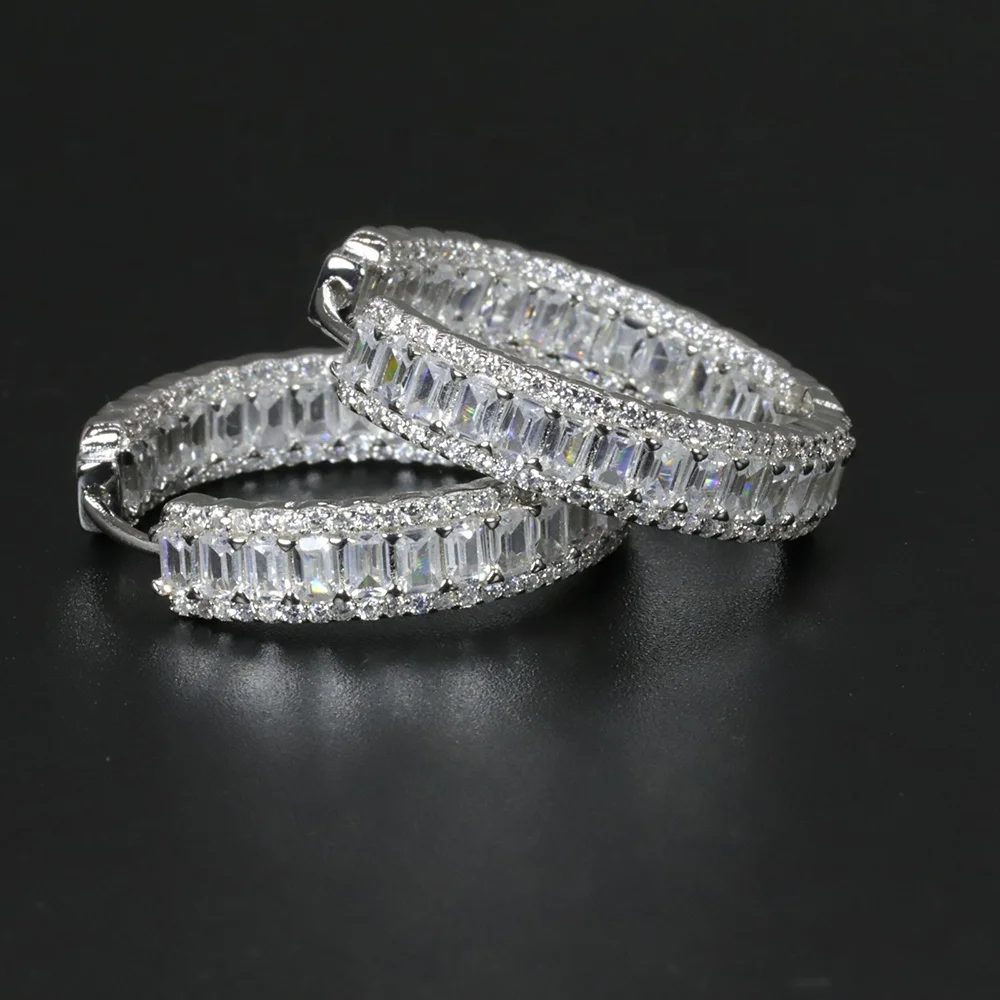 Rhodium Plated Inside Out 925 Sterling Silver CZ Cubic Zircon Emerald Cut Stone Full Pave Diamond Eternity Hoop Earring