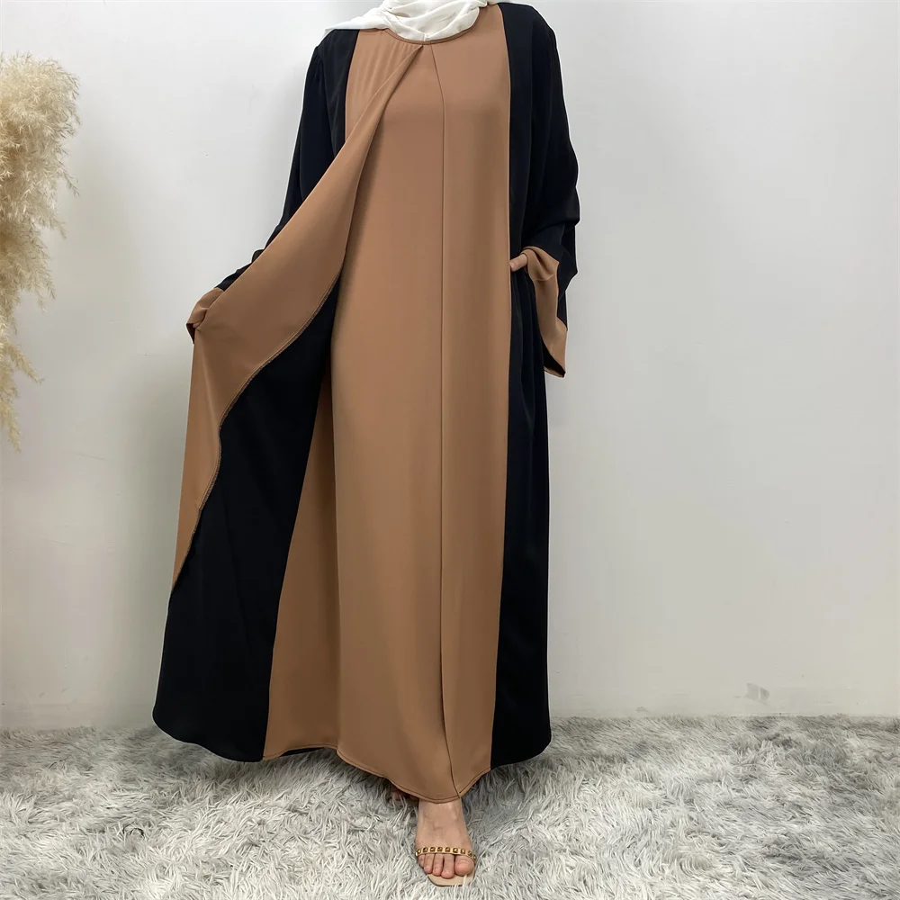 6780# Stylish Modest Contrast Color Nida Fabric Dubai Islamic Women Dress with Pockets