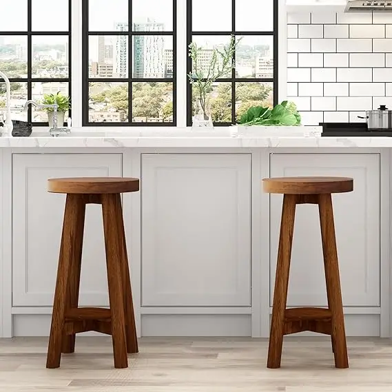 Premium Quality Factory Price Solid Teak Wood Barstool Bar Stool with Round Seat for Kitchen Island Counter