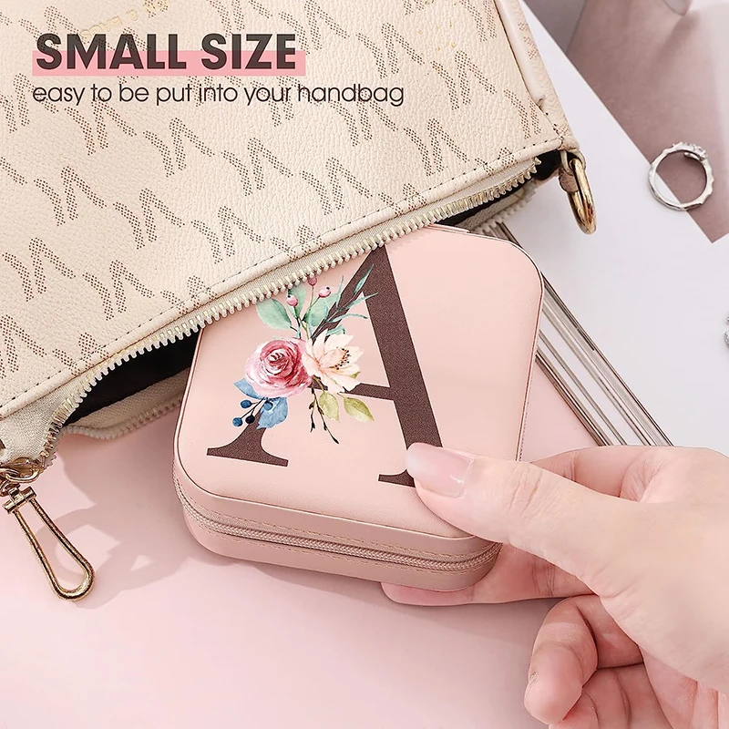26 Initial Letter Flower Jewelry Organizer Box with Mirror for Women Birthday Gifts Small Travel Jewellery Storage Case