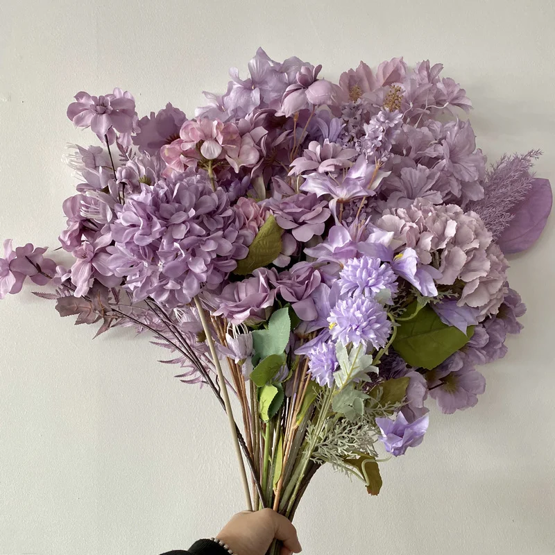 Purple Series Wedding Decoration Hydrangea Artificial Flowers Bouquets Lilac Peony Rose Flowers Wholesale Faux Flowers