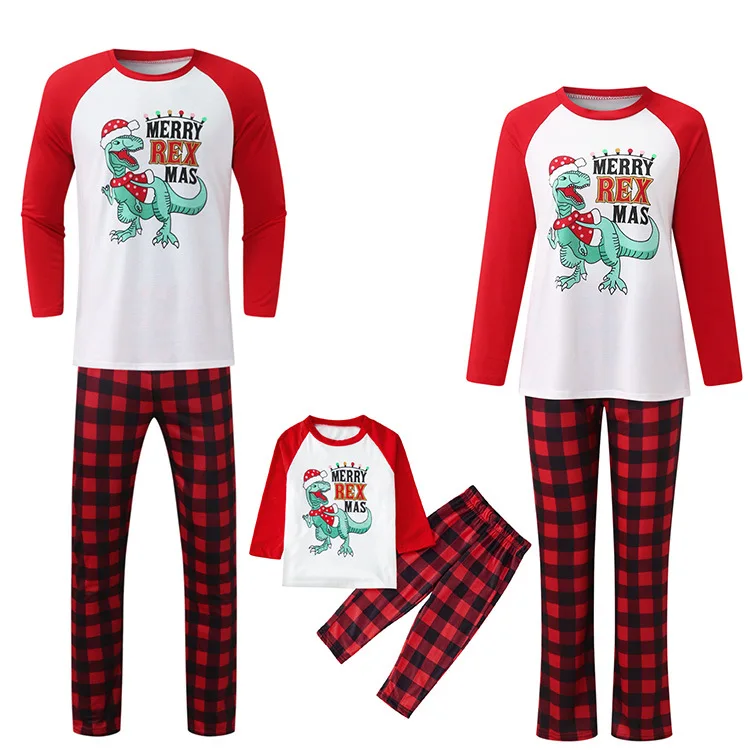 wholesale Cartoon cute dinosaur hitting color 2 pieces sets christmas family pajamas family