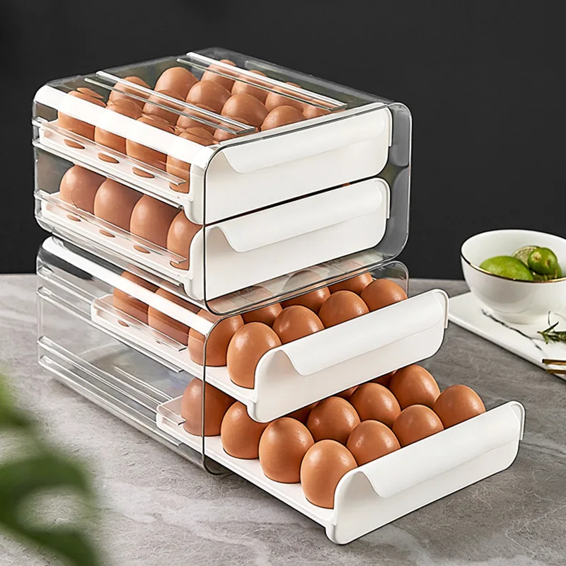 Egg Storage Container Kitchen Fridge Organizer Drawer Egg Plastic Storage Box 32 Grid 2-Layer Egg Container Trays