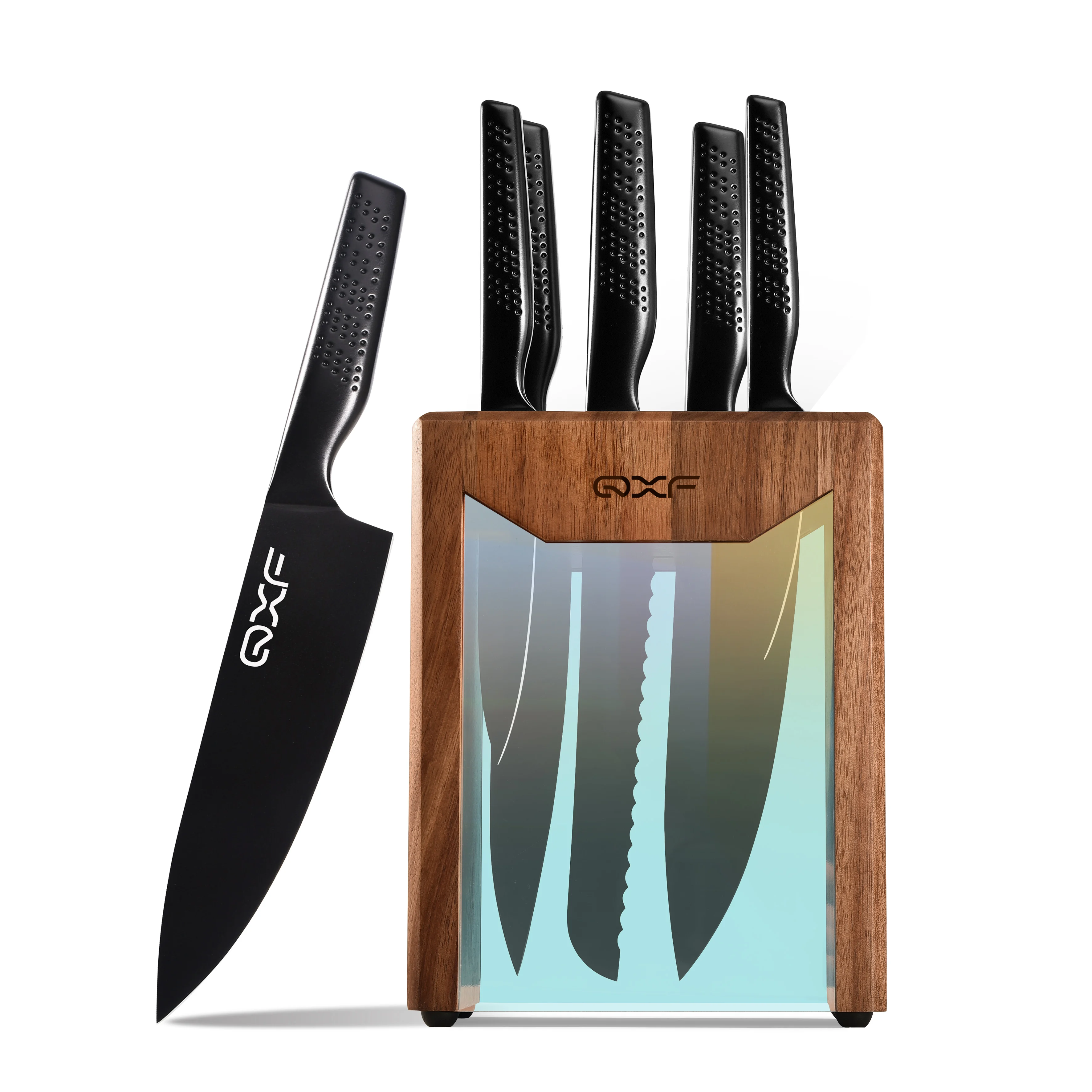 QXF 6 PCS Black Coated Painted Kitchen Knife Set 5Cr15MoV Stainless Steel Hollow Handle Chef Knife with Acrylic Wood Knife Stand