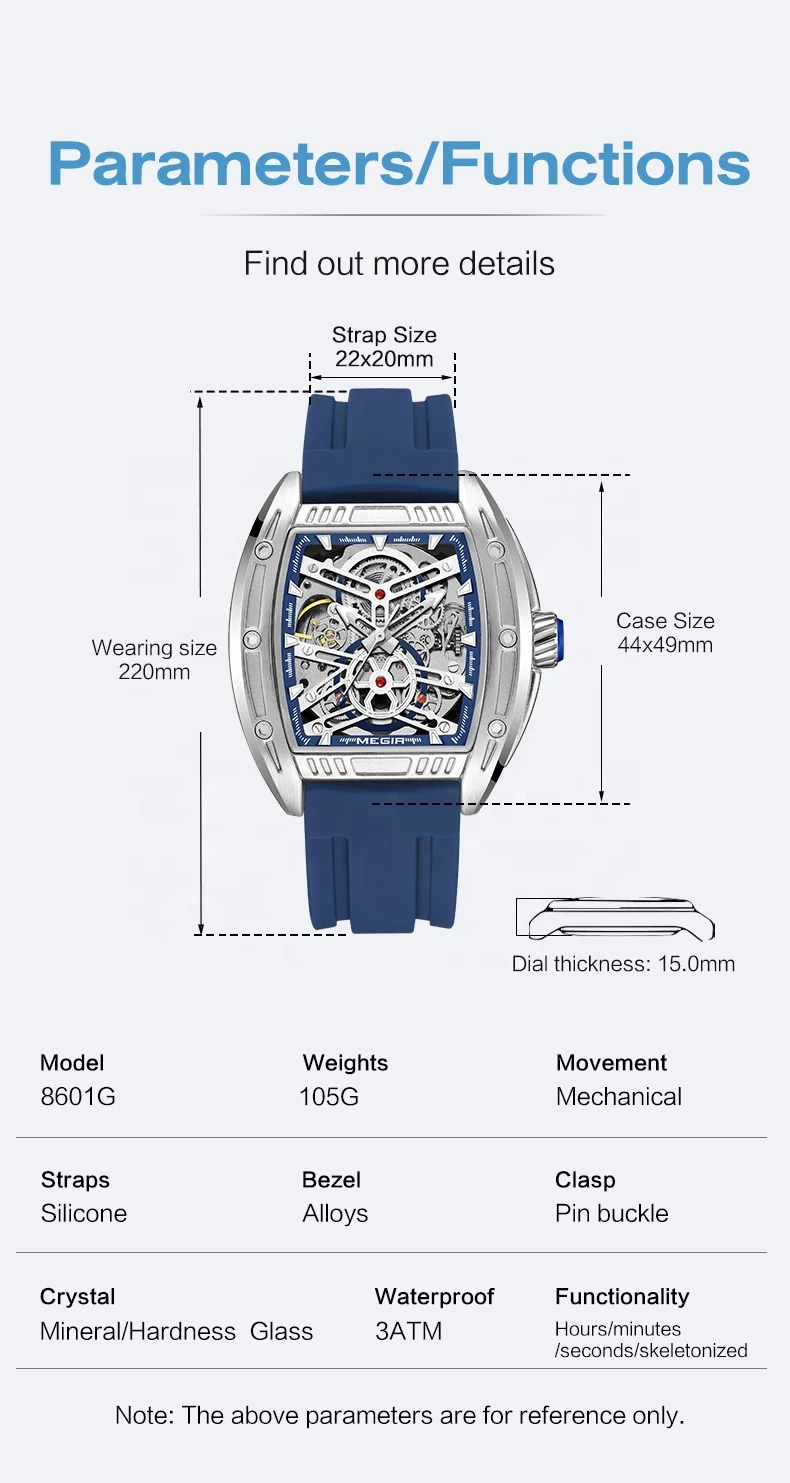 2024 Megir 8601 Waterproof Luxury Mechanical Wrist Watches Original Brand Automatic Watch Man Silicone Strap Automatic Watch