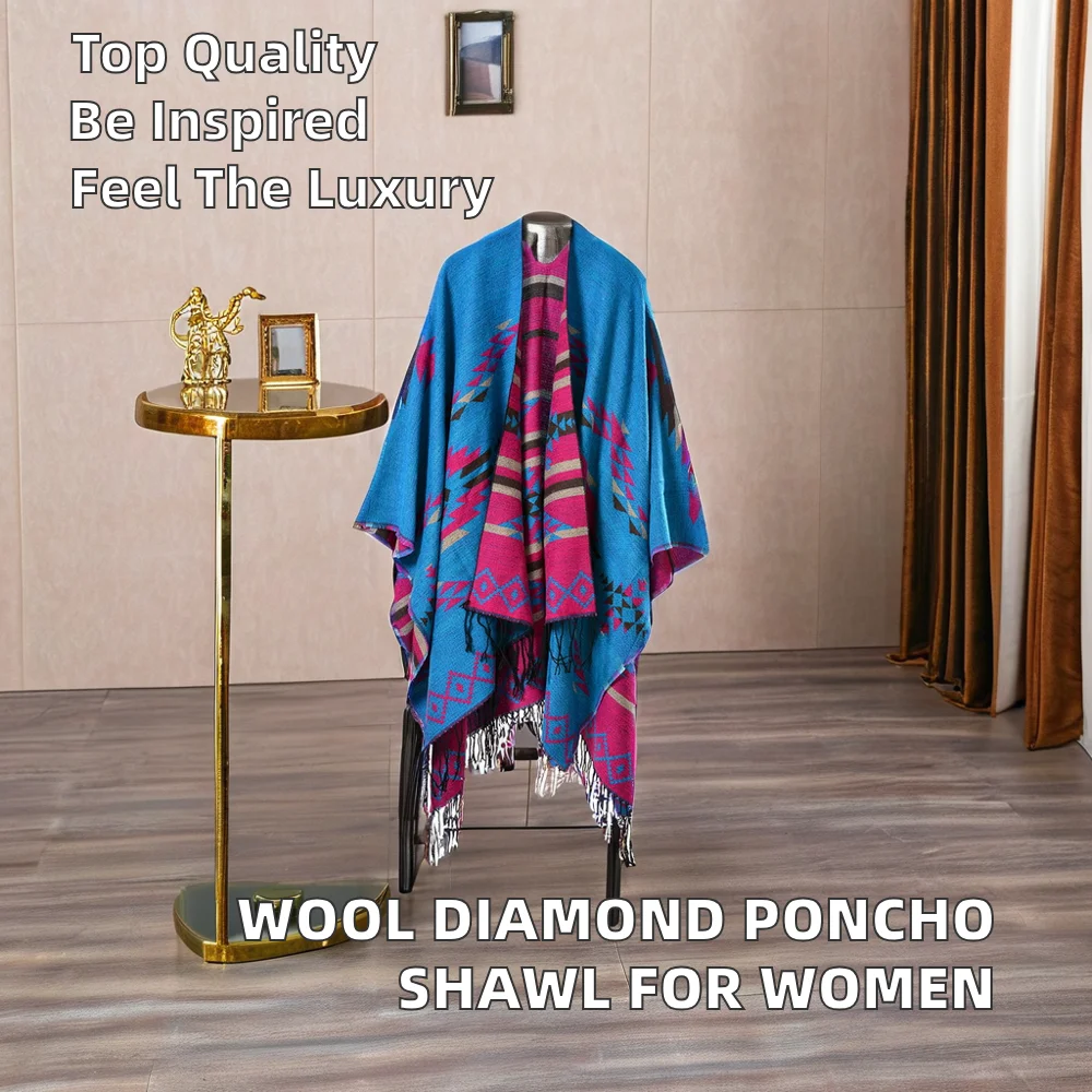 BESTELLA Brand Wholesale Cozy Wool Felling Acrylic Geometric Jacquard Winter Poncho Shawl Cardigan Scarf Classic Style for Women