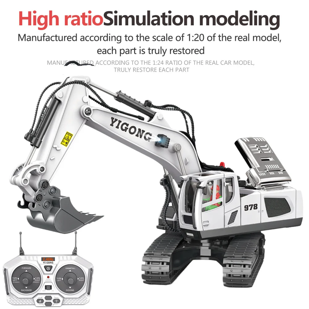 AiJH 11CH Alloy RC Excavator Car Turntable 680 Degrees Engineering Vehicle With LED Light Sound Bulldozer Toy RC Excavator Car