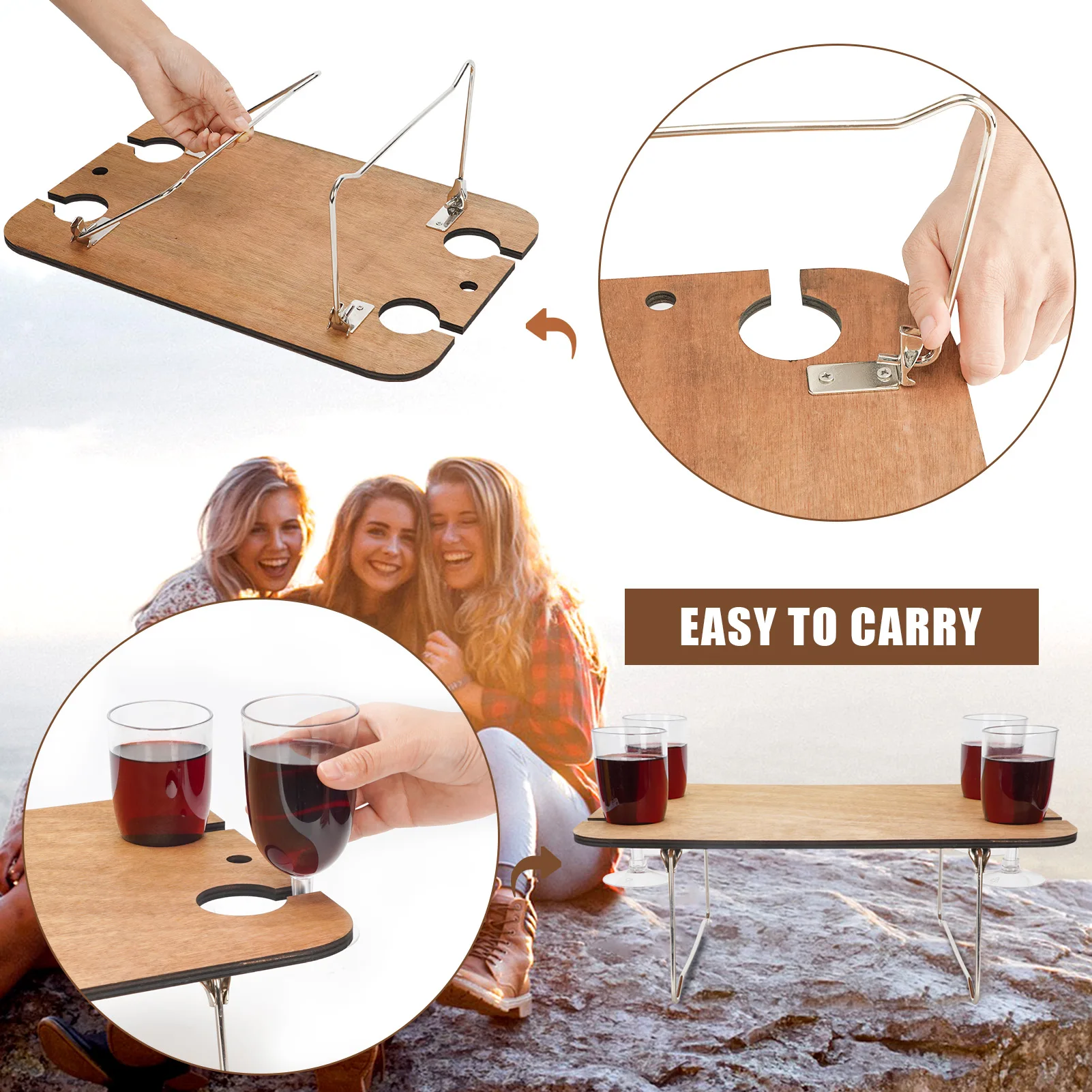 Woodchip Picnic Basket for 4 Persons with Portable Wine Table