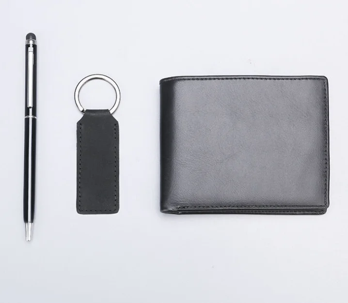  Новое поступление 2021 роскошный кожаный кошелек подарочный набор для мужчин подарок на день отца с кожаным кошельком и брелоком ручка логотипом заказ