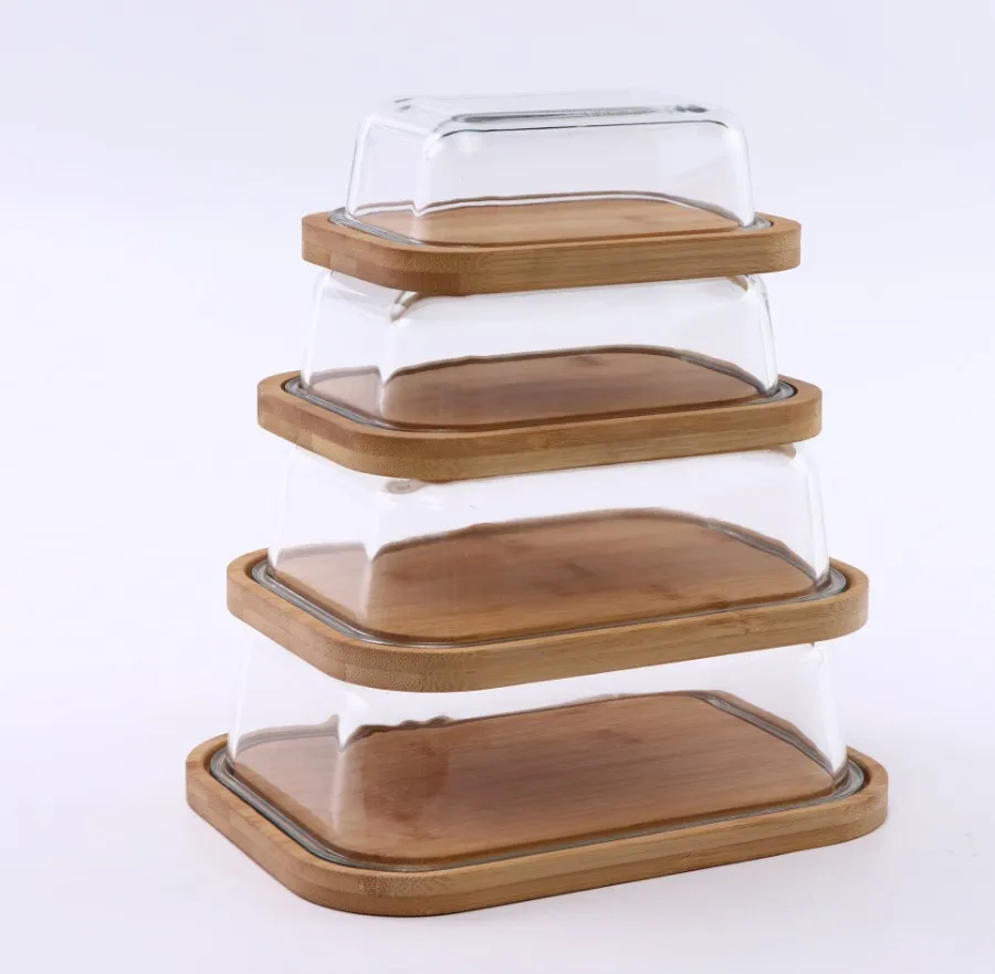 Customised logo large size high borosilicate clear glass cheese butter dish with bamboo cover lid