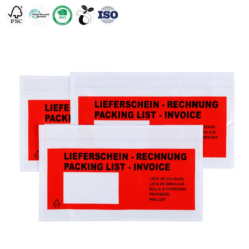 Strong Self Adhesive Biodegradable Shipping Label Pouch Red Packing List Envelope