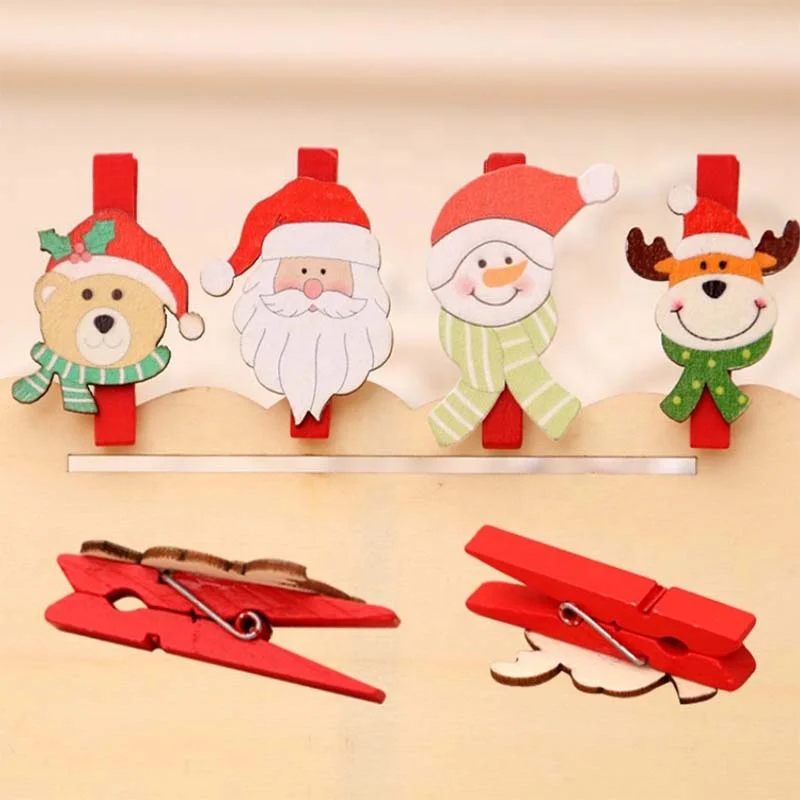 6 Pcs/pack Cute Mini Christmas Santa Claus Snowman Elk Bear Wooden Clips Clothes Photo Paper Memo Clothespin Craft Clips Gifts