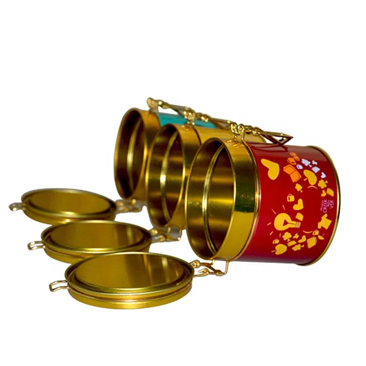 Customised airtight metal hinged latch lid round coffee tea tin can canister with clip lock