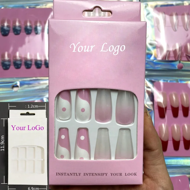 24Pcs Set Private Label Customized Press on Nails French Line Removable Fale Nails Press Designs Finished Nails