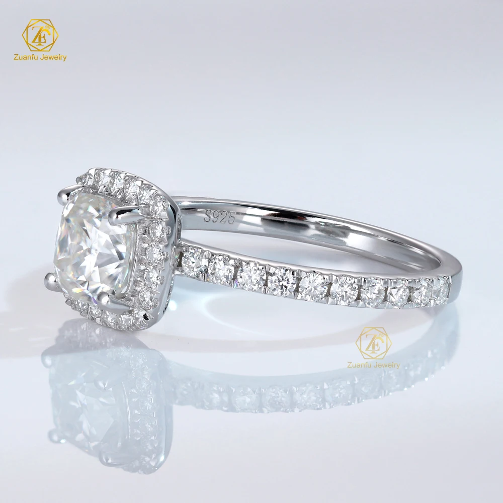 Moissanite Rings VVS 6*6mm 1CT Cushion Cut Moissanite Halo With Small Stones Silver Ring 925 Sterling Wedding Engagement Ring
