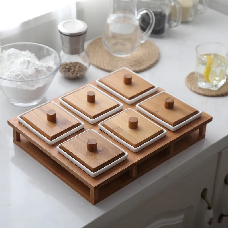 
Whole Sale Nordic Style Fashionable 6 Compartment Dry Fruit Ceramic Tray With Wood Shelf 