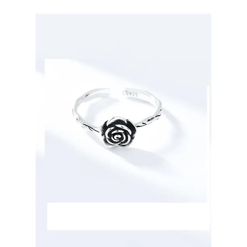 Silver 925 Unique Ring Design Vintage Oxidized Silver Band Ring Rose Flower Ring