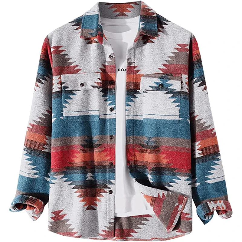 Men Brushed Flannel Shirts Ethnic Aztec Print Button Up Lapel Thick Full Sleeve Plain Dyed Custom Flannel Shirt For Men