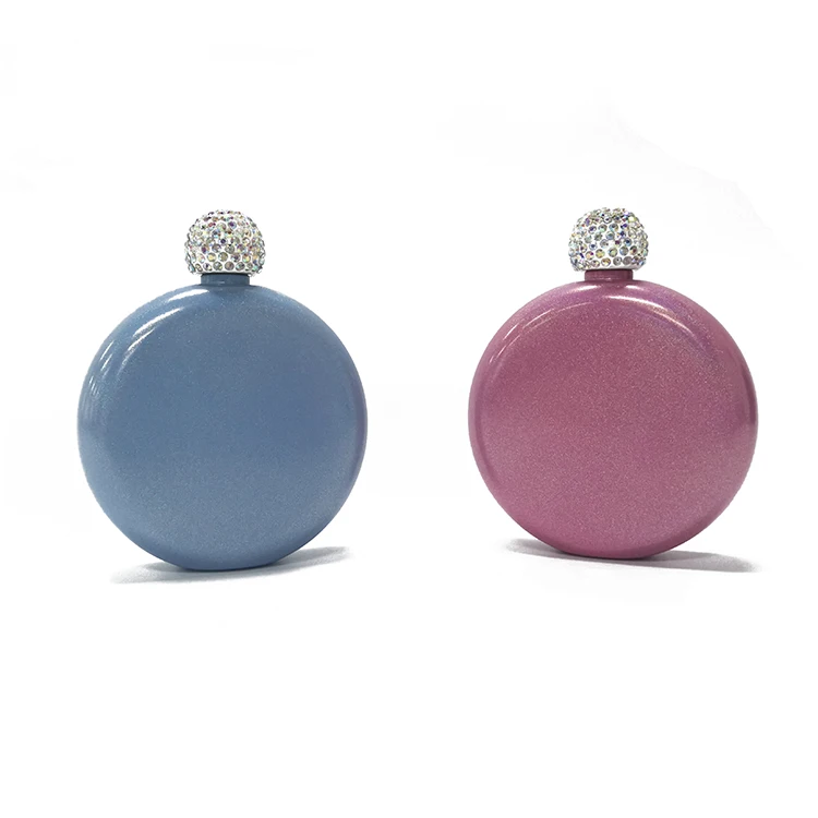 Pretty Glitter Coating Cute Portable 5oz Round Wine Liquor Whiskey Hip Flask for Women with Shining Rhinestone Cover