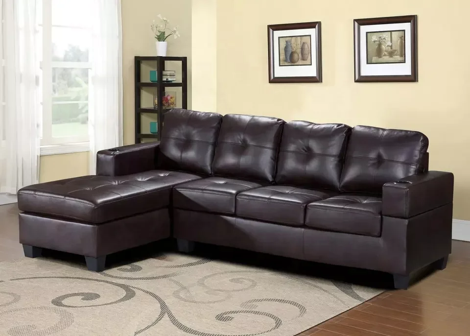 Hot sale modern living room sofa chaise lounge L shaped sofa sets black leather and fabric sectional corner sofa