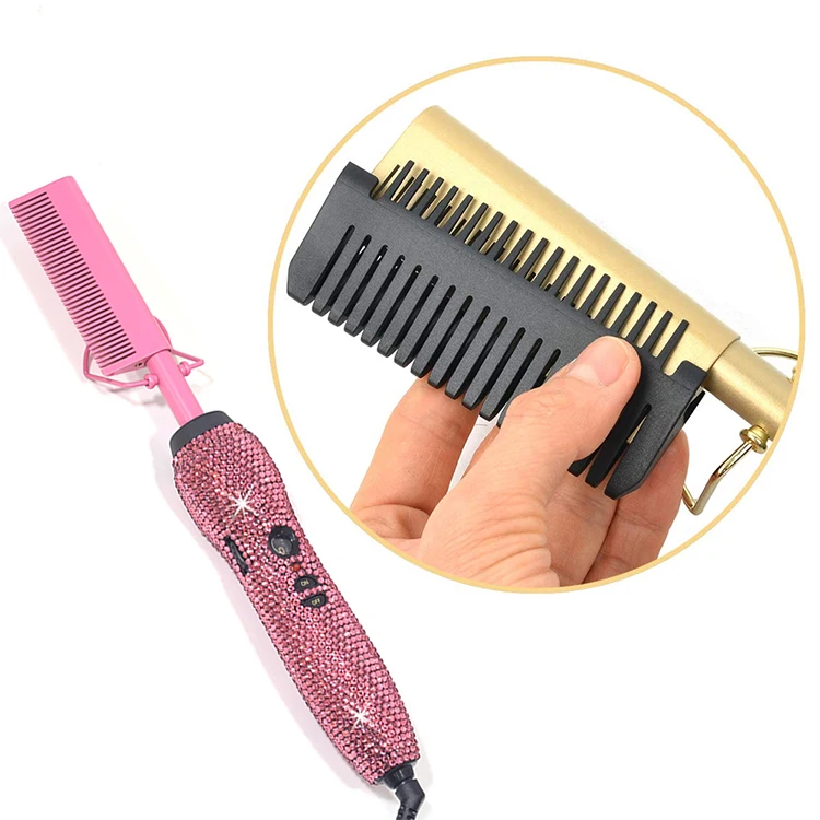 Wholesale Customize Oem 500 Degree Hot Comb Adjustable Temperatures Curler 2 In 1 Hair Straightener Bling Hot Comb Electric