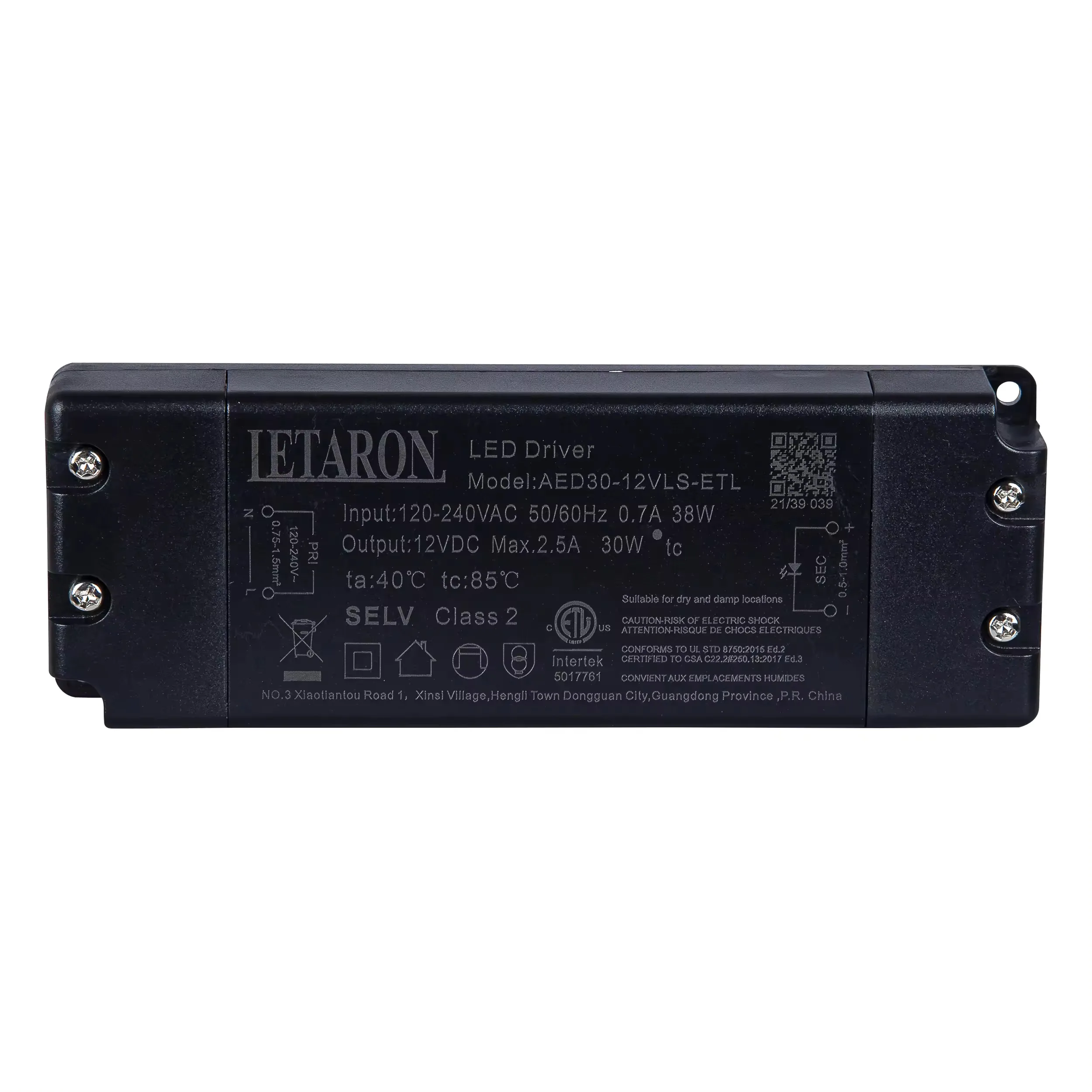 Сверхтонкий светодиодный драйвер LETARON 12/24VDC 1250/2500mA 30 Вт 220-240VAC 50/60 Гц 142x50x22 мм IP44