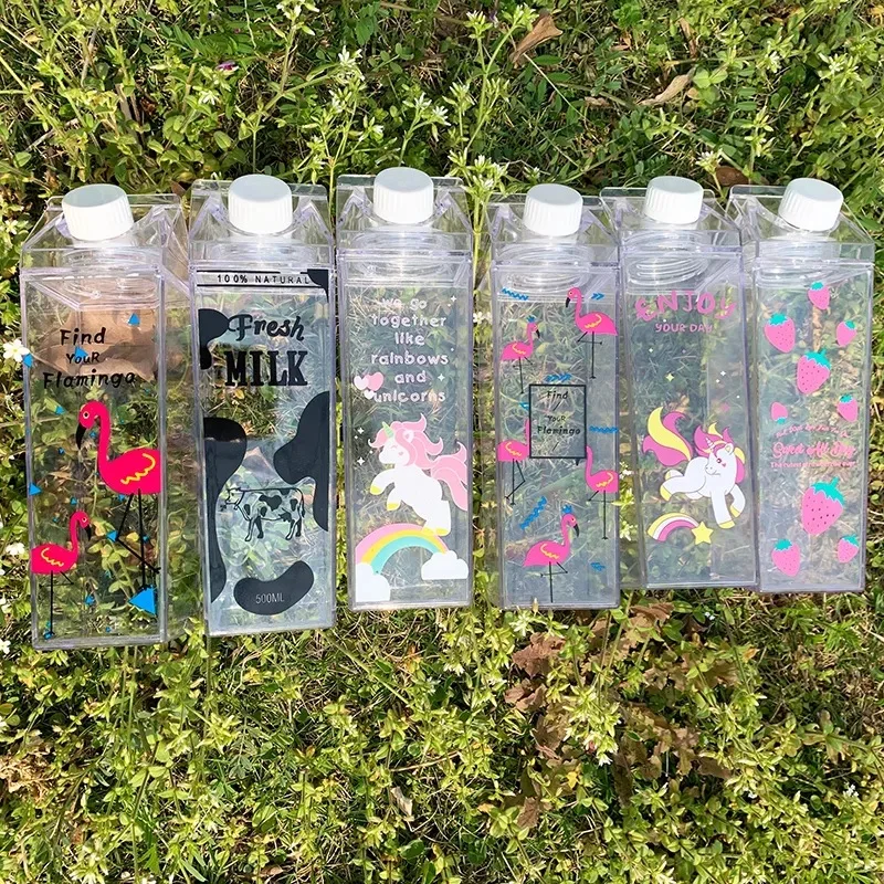500/1000ML Clear Milk Carton Water Bottles Bulk Plastic Square Milk Bottles Portable Reusable Milk Box Leakproof Cup for Outdoor
