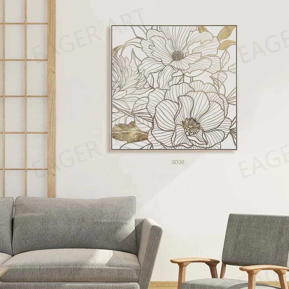 Floral Canvas Painting Picture Acrylic Textured Flower 3d Gold Foil Art Relief Oil Painting Home Decor Wall Frescoes mural