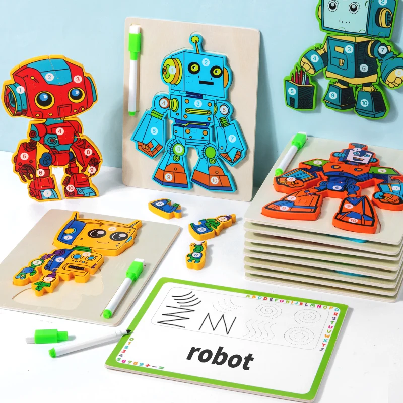 CE CPC New Montessori Wooden Puzzle Toy Double-sided Robot 3D Jigsaw Puzzle Drawing Board Educational Toys For Toddler