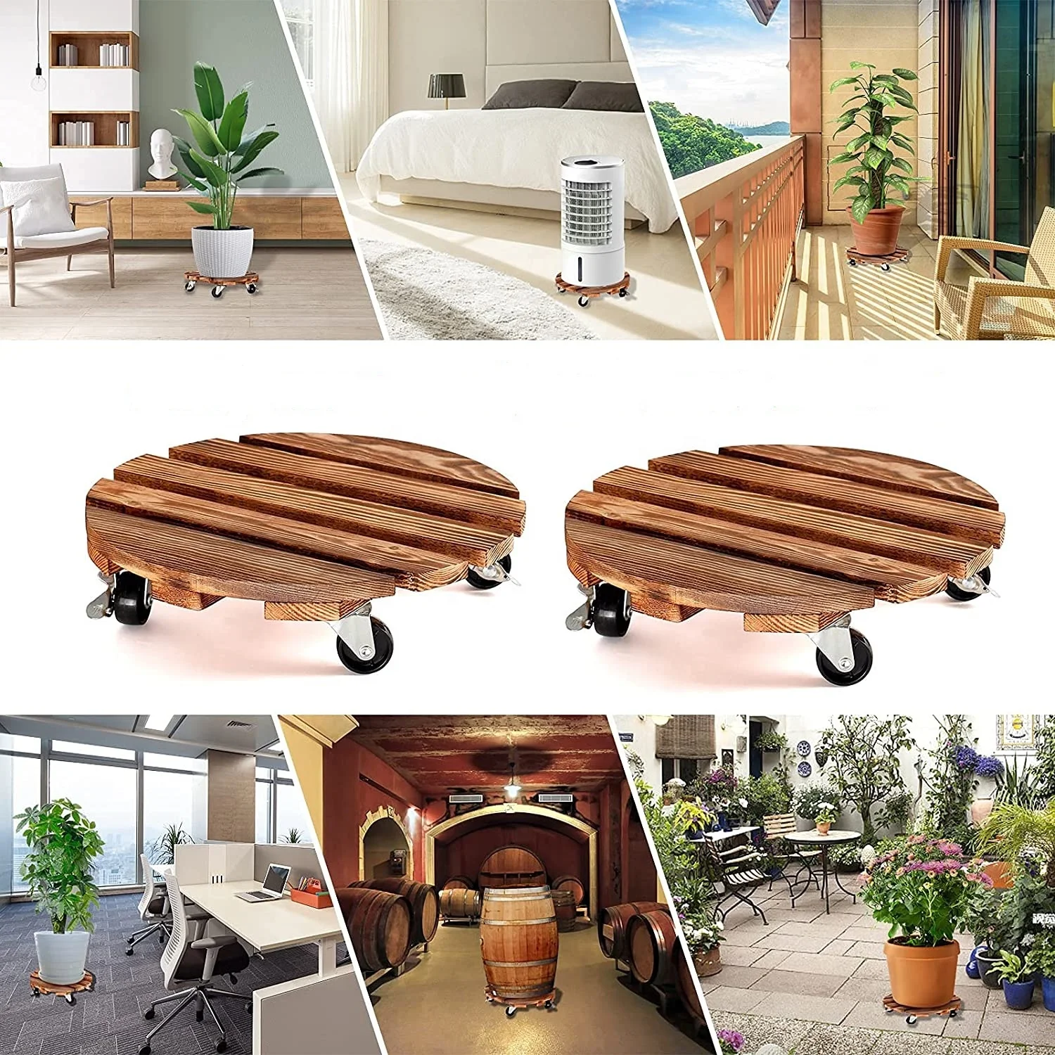 Wooden Round Plant Caddy Plant Stand with Wheels Heavy Duty Rolling Plant Stand Dolly Rollers Cart with Metal Lockable Casters