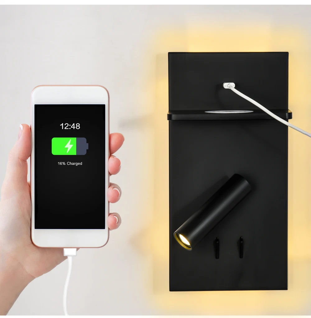 ECOJAS Brand New Indoor Bedroom Luxury Modern Decorative Led Wall Lamp 3W Usb Bedside Light With Wireless Charger for home/hotel