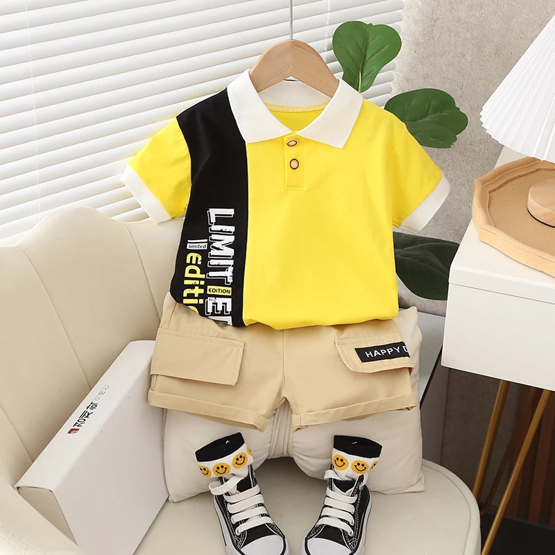 Summer 202 Latest Design Bear Pattern Boys Short Sleeve Polo Shirt and Washed Denim Shorts 2 Piece Set of High Quality Clothing