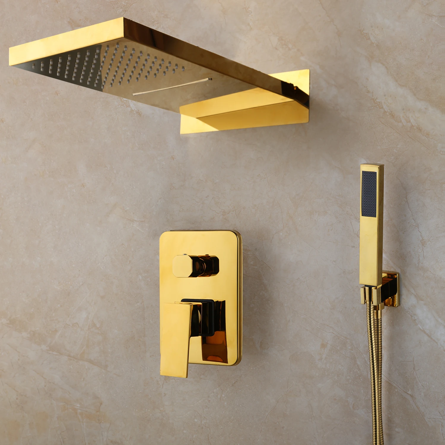 JIENI Luxury Golden Plated Solid Brass Rainfall Waterfall Bathroom Shower Hand 2 Ways Shower Mixer Bathroom Shower Set