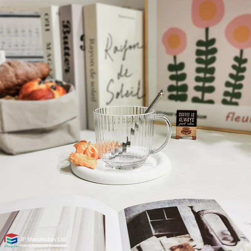 Striped clear 330ml plastic coffee tea mug milk cup custom printed PC coffee cups with handle