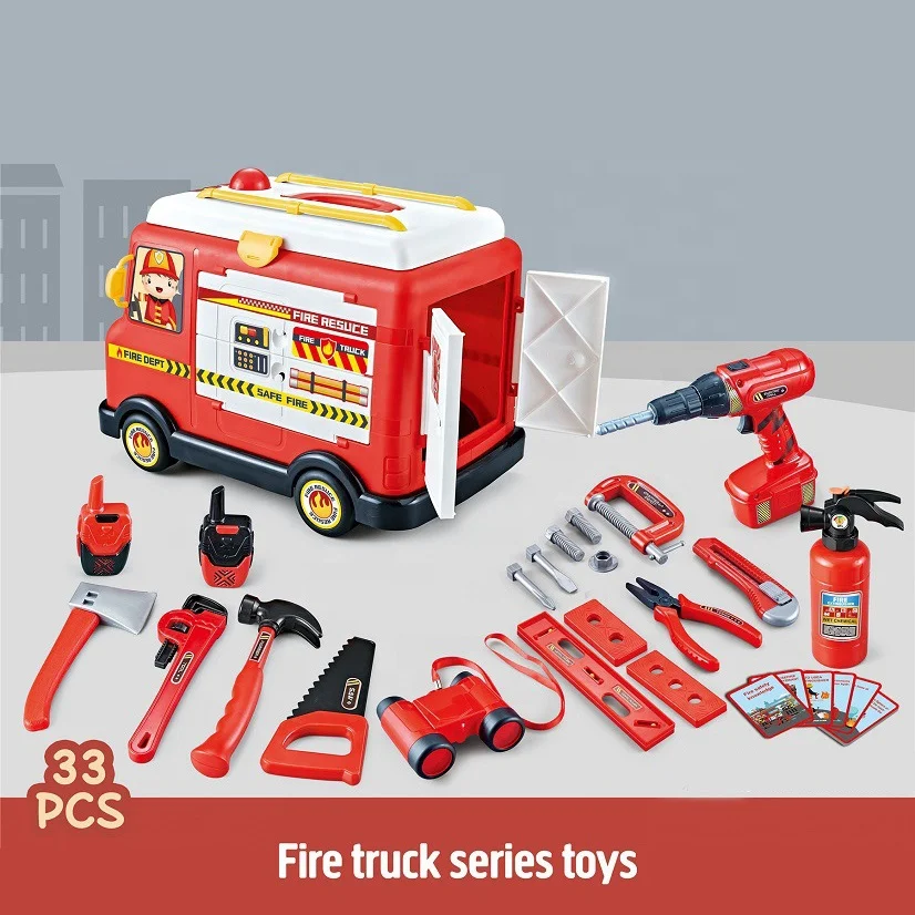 33pcs kids educational pretend play toys role play fireman plastic fire truck car toy with sound fire extinguisher boy tool toys
