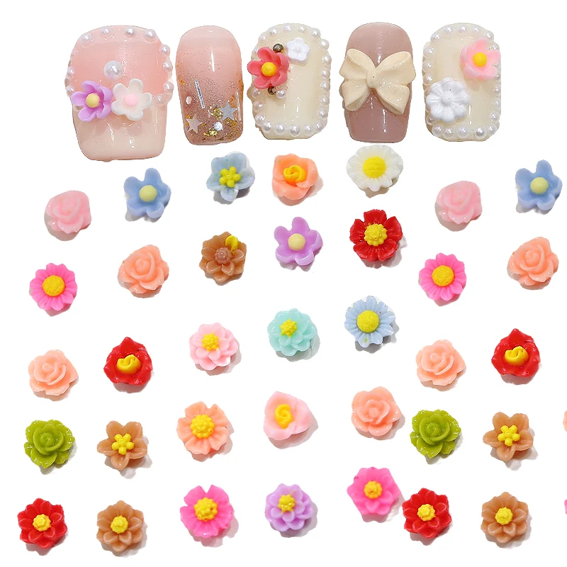 Fashion Mixed Mini 6mm Flatback Resin Flower Nail Charms Colorful Floral Diy Nail Art Resin Rhinestone