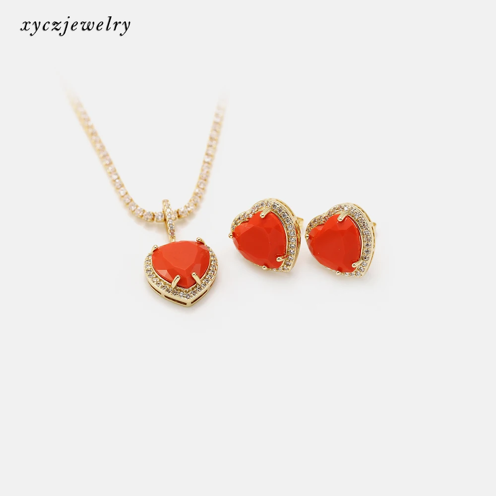 Luxury Red Coral Jewelry Sets Tennis Necklaces  and Earrings 18k Gold Coral Jewelry Sets