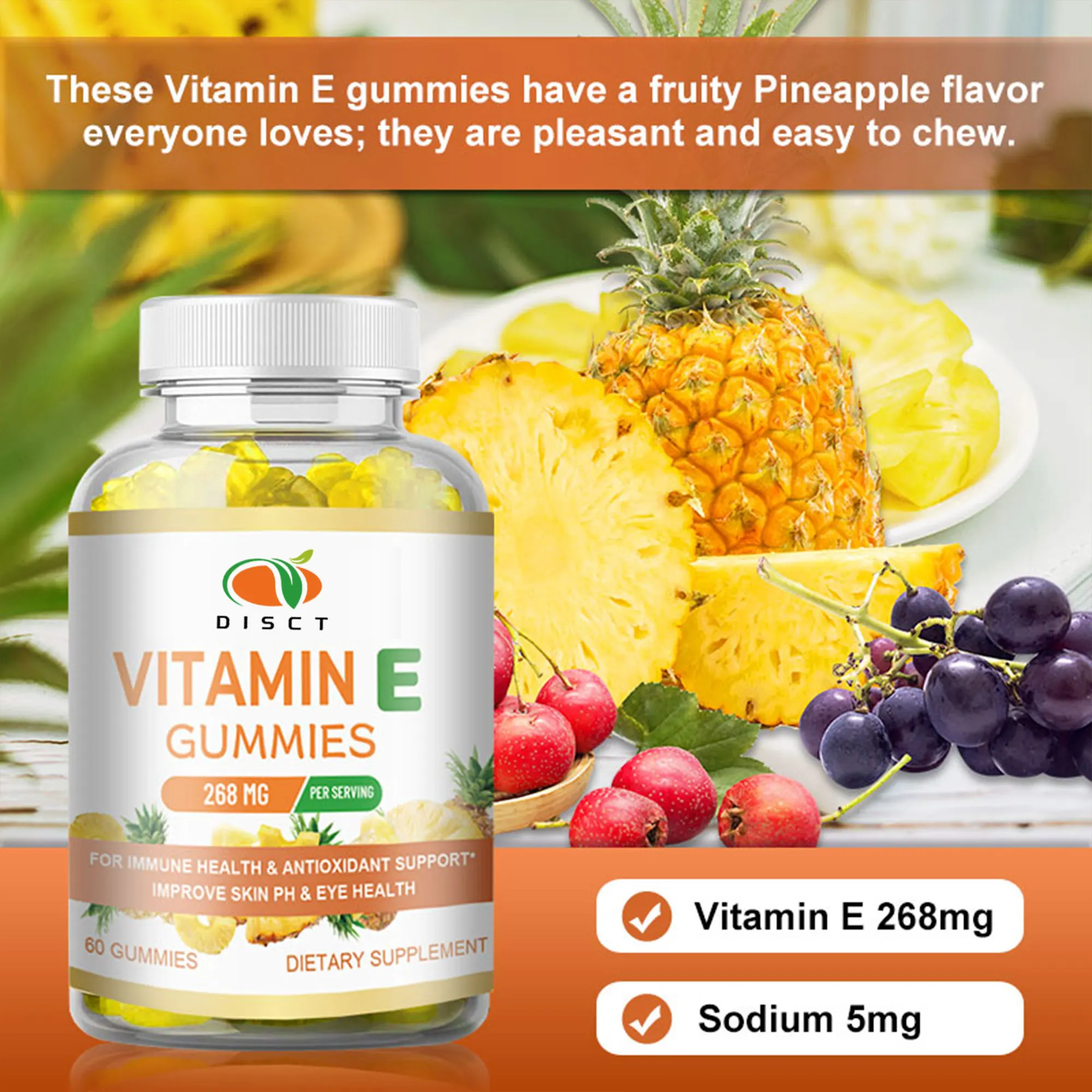 private label Natural Non GMO, Gluten Free Vitamin E Gummies for men and women immune support and Overall Health