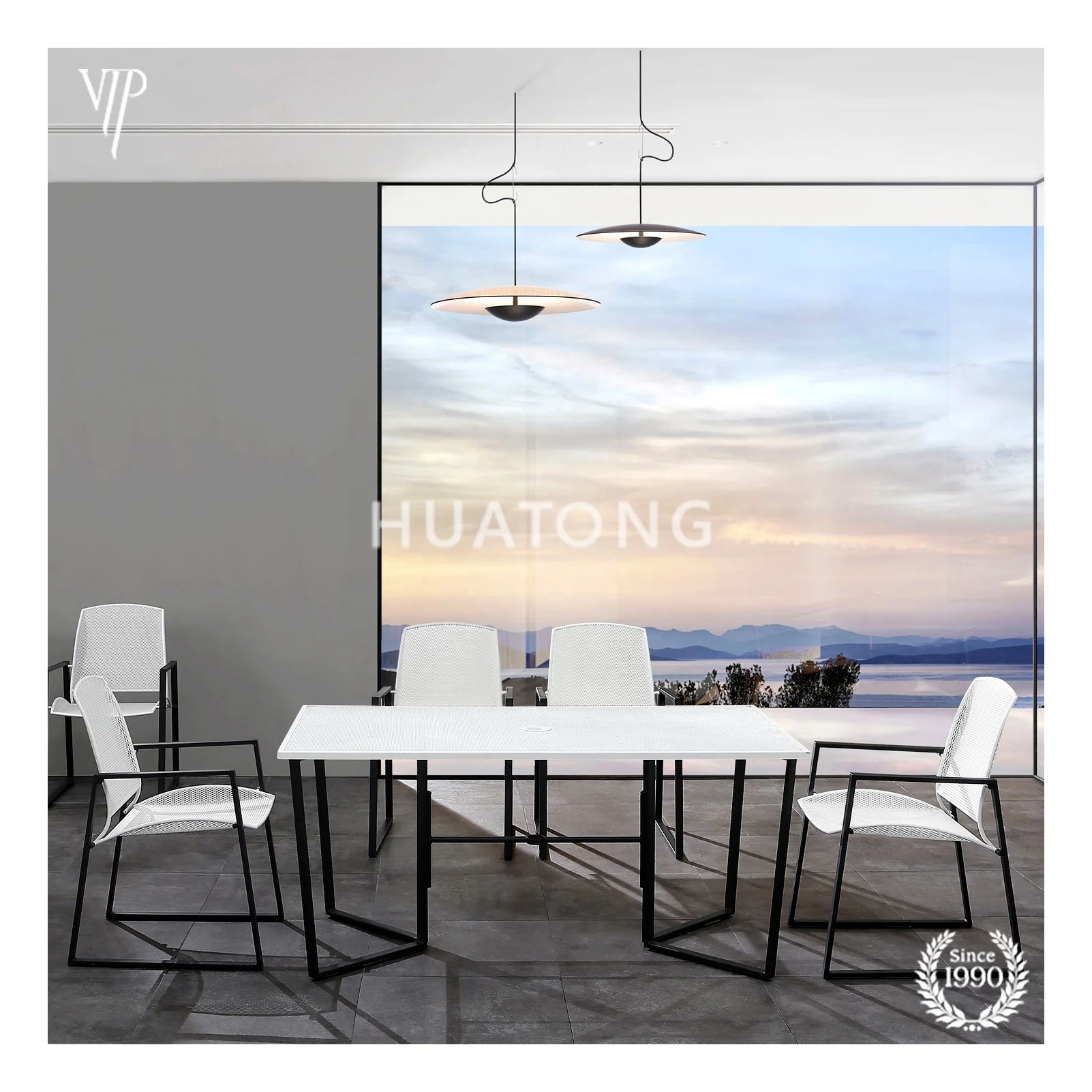 Modern design White Patio Wrought Iron outdoor leisure garden 6 seater dining sets for hotel restaurant Table And Chairs