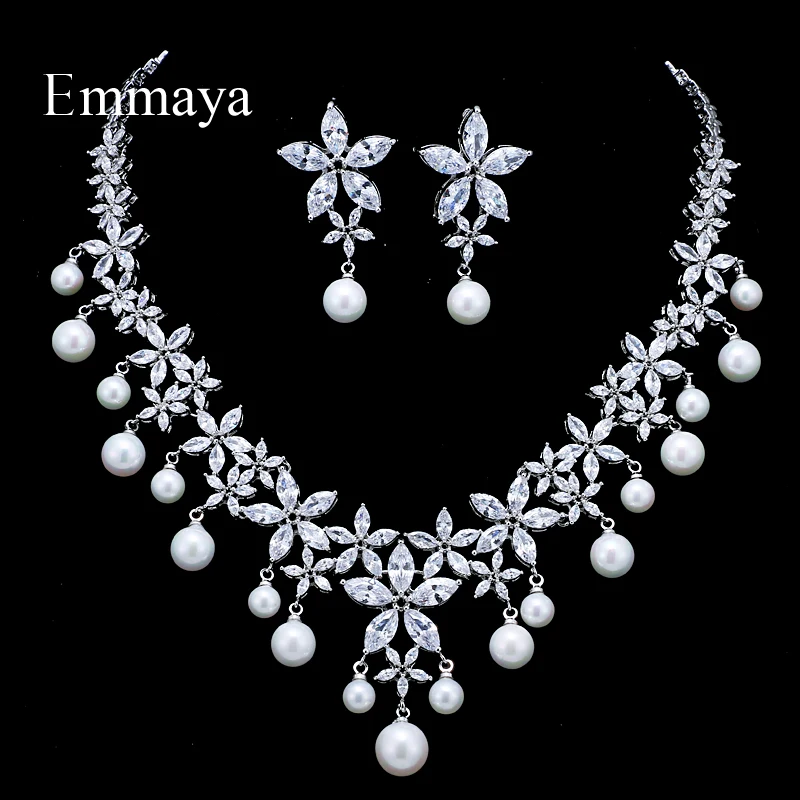 EMMAYA Dubai Pearl Pendant Samoa Custom 3A Zirconia Earrings Necklace White Gold ad Jewelry Sets For Women Bridal Wedding Gift