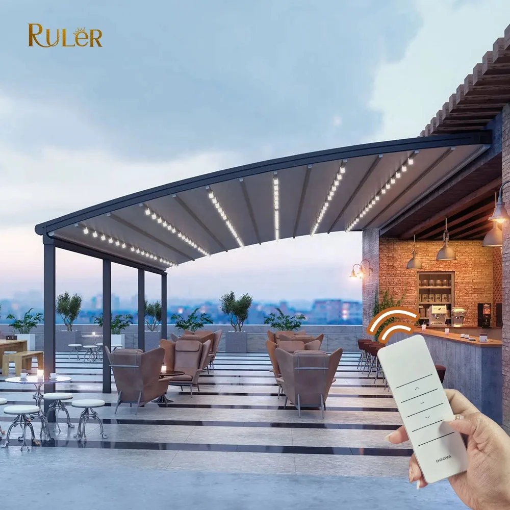 Outdoor Oval PVC Motorized Awning Canopy with Led Light Electrical Dimmable Aluminum Full Radius Retractable Roof Pergola