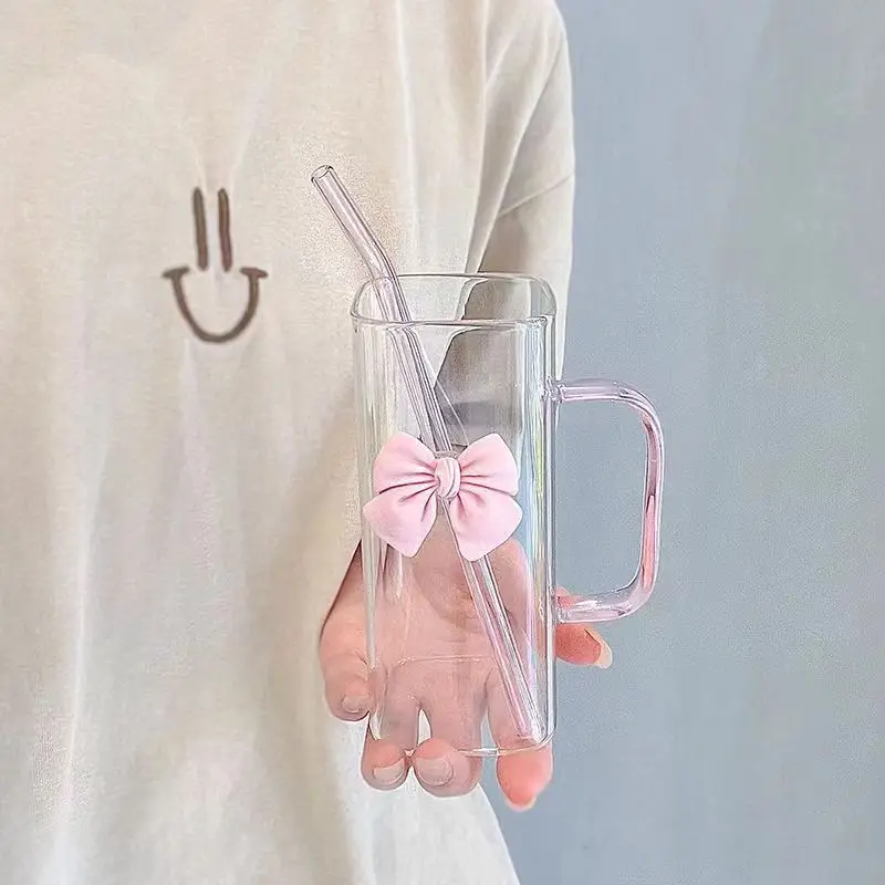 400ml Square Shape Bowknot Bow Design Girl Best Gift For Friend Glass Bottle Cup With Straw and lid