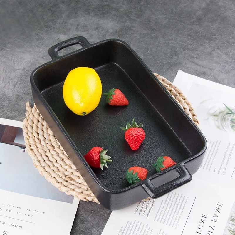Custom Logo Rectangle Stoneware Bread Bakeware Pans with Double Handle black Ceramic Baking Tray Use of microwave oven