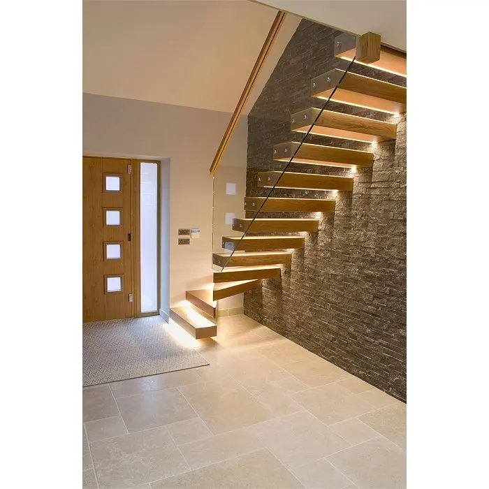 ACE Modern Floating Glass Railing Wooden Treads Staircase For Interior From Foshan Factory