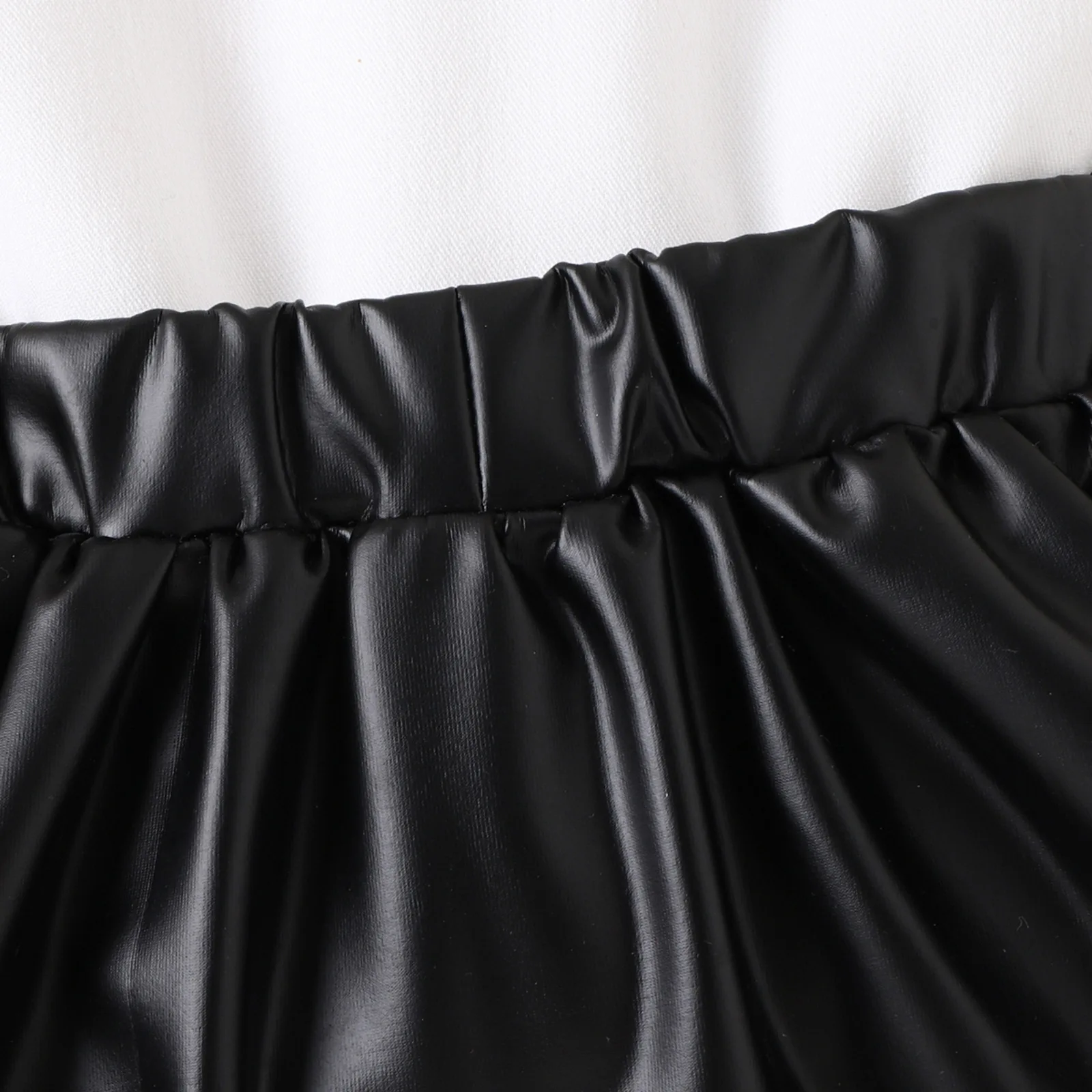 British style baby girl set with solid color lace long sleeved top and PU leather pants short skirt in stock