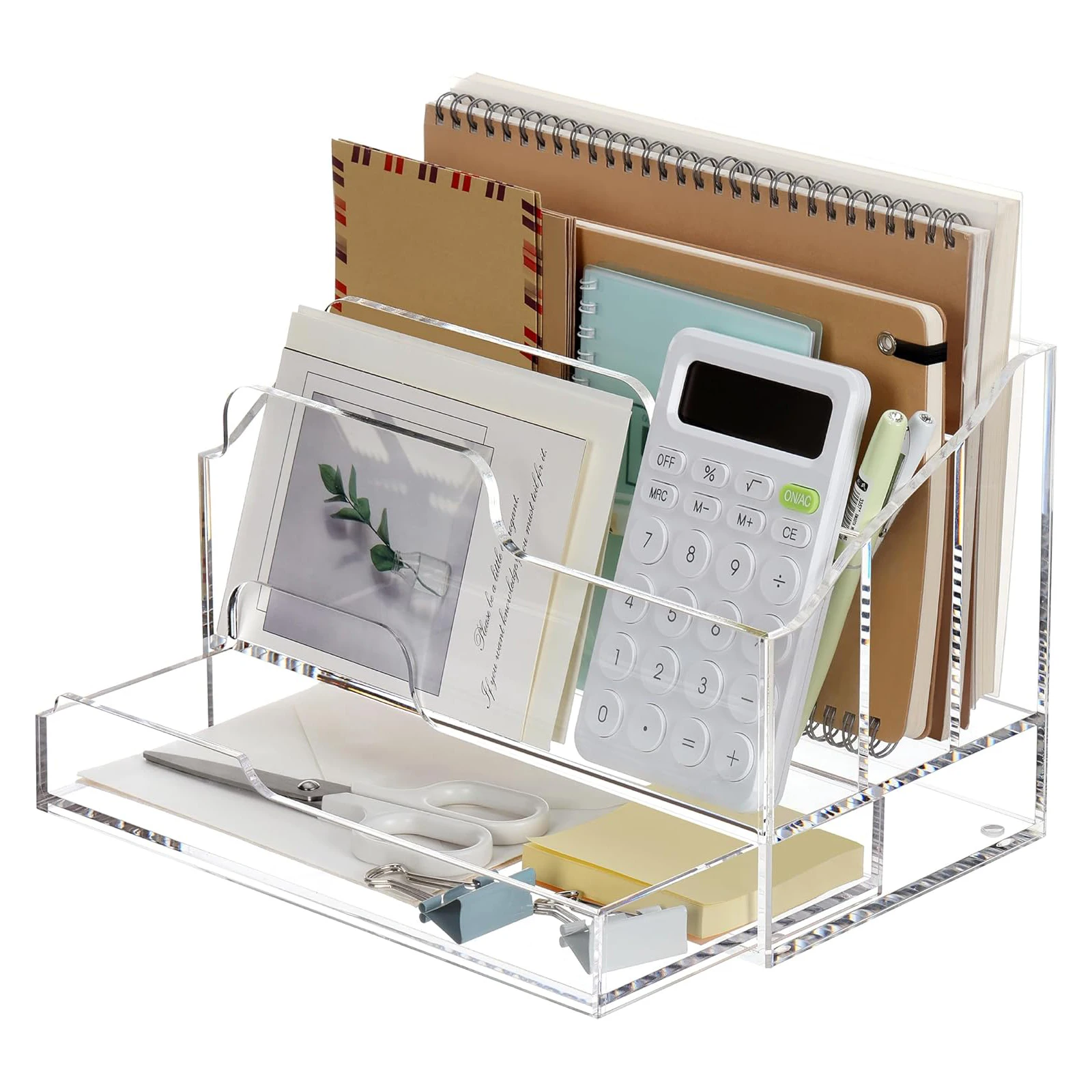 3 Compartments Mail Sorter Box Acrylic File Holder Desk Organizers with Sliding Drawer