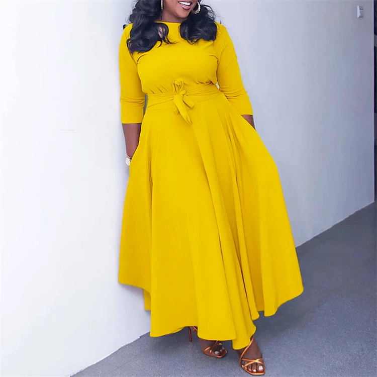 New Arrival Spring Fall African Ladies Midi loose Church Dress Women Elegant Long Dresses Solid color A-line Vestidos Plus Sizes
