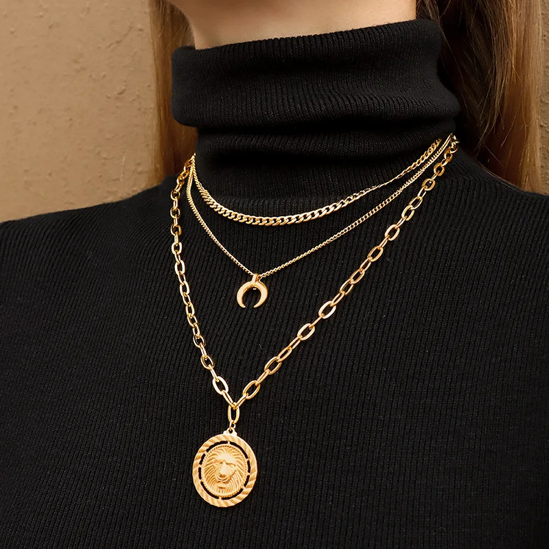 2021 18k Gold Plated Statement Moon Lion Head Necklace Multi Layered Choker Necklace Stainless Steel Jewelry